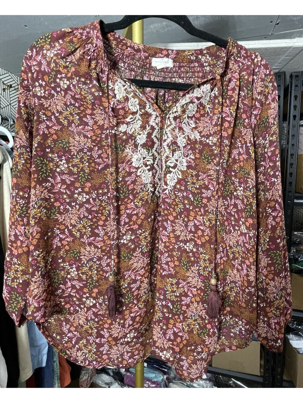 Mason & Belle Semi Sheer Embroidered Tasseled Top S Boho Floral V-Neck Blouse